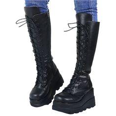 Gothic Punk Platform Boots, High Chunky Platform Boots, Riding Boots, Long Boots, Zipper Boots. PU Leather Boots. Combat Boots, Biker Boots, Punk Boots, Gothic Boots. Black Women's Boots. Looking to make a fashion statement? Then you can't go wrong with these awesome chunky, gothic, punk, platform boots. 3.5-inch heels are no problem with these super soft comfortable boots you will feel like you are floating on air, and they are surprisingly easy to walk in. Standing or walking for long periods is not an issue either. Great if you are on your feet all day. Apart from adding extra height and providing a commanding presence they will certainly make you stand out in a crowd. Made from quality faux PU leather and featuring chunky, cleated, anti-skid platform soles, round toes, lace-up closure, Fall Punk High-top Platform Boots, Punk High-top Platform Boots For Fall, Round Toe Platform Boots For Winter Concerts, Edgy Lace-up Wedge Boots For Streetwear, Fitted Punk Platform Boots With Round Toe, Winter Edgy High-top Mid-calf Boots, Grunge Martin Boots For Winter Concerts, Edgy Martin Boots For Winter Streetwear, Grunge Martin Boots For Concerts In Winter