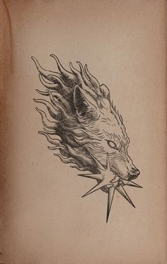 an ink drawing of a wolf's head with flames coming out of it