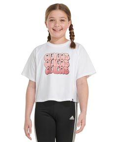 in stock Cute Pink Sports Tops, Pink Letter Print Athleisure T-shirt, Pink Athleisure T-shirt With Letter Print, Pink Graphic Print Athleisure Top, Pink Athleisure Top With Graphic Print, Pink Graphic Print T-shirt For Athleisure, Pink Graphic Print T-shirt Athleisure, Pink Graphic Print Athleisure T-shirt, Pink Adidas Cotton T-shirt