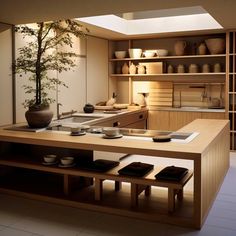 a kitchen with a potted plant in the center and other items on the counter