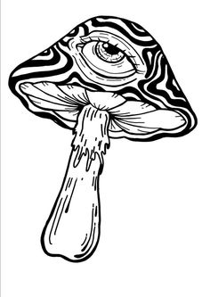 a black and white drawing of a mushroom with an eye on it's head