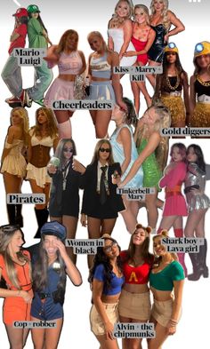 many different women are dressed in costumes and posing for the camera with their names on them