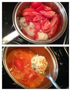 two pictures showing different stages of cooking tomatoes and onions in a pot on the stove