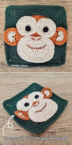 crocheted monkey placemats are shown in three different colors and sizes, with the same design on each side