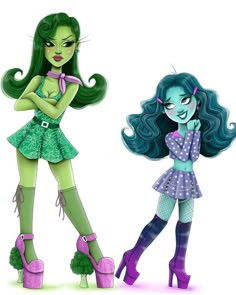 two cartoon girls with green hair and purple boots, one is holding her hand on her face