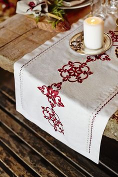 a table topped with a white candle next to a plate