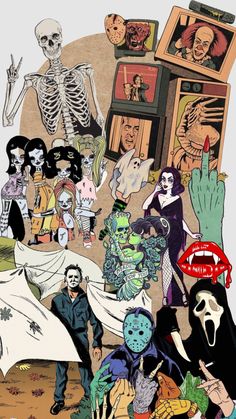 a collage of cartoon characters and skeletons