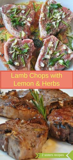 lamb chops with lemon and herbs on a white plate next to another image of lamb chops