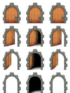 a set of nine doors with one open and the other closed in different stages of construction