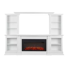 a white entertainment center with an electric fire place and bookcases on either side