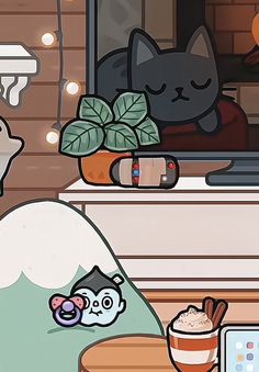 a cartoon cat sitting on top of a bed next to a table with a cup