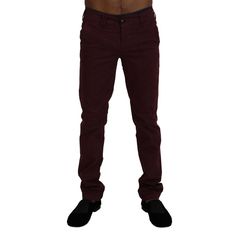 Enhance Your Wardrobe With These Elegant And Modern Maroon Skinny Pants, Perfect For Bringing A Splash Of Color And Sophistication To Any Gentleman’s Attire. Designed By The Renowned Brand Cycle, These Pants Blend Premium Quality With Sleek Styling, Ensuring Both Comfort And A Sharp Silhouette. With Exceptional Tailoring And Attention To Detail, They Are Made In Italy, A Testament To Fashion Craftsmanship. Color: Maroon Material: 97% Cotton 3% Elastane Country Of Origin: Italy Logo Details We Ar Designer Straight Leg Pants With Pockets, Elegant Full-length Pants With Five Pockets, Designer Fitted Straight Bottoms, Elegant Cotton Pants With Five Pockets, Luxury Cotton Pants, Elegant Fitted Pants With Five Pockets, Elegant Cotton Jeans, Elegant Fitted Cotton Jeans, Designer Fitted Straight Pants