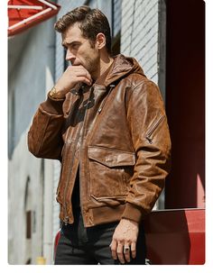 This brown-colored jacket for men is a perfect symbol of style and sophistication. The moto & Biker styled coat is designed with a detachable hood and a zipper closure. It's a pigskin made jacket with a polyester lining that has standard thickness, regular clothing length, full-length sleeves, and a turndown collar. SpecificationsBrand Name: GeraldBlackMaterial: PigskinCollar: Turn-down CollarDetachable Part: Hat DetachableClothing Length: REGULARLining Material: PolyesterHooded: YesModel Number Jacket For Men, Turndown Collar, Brown Jacket, Pig Skin, Color Marron, Brown Leather Jacket, Warm Brown, Biker Style, Detachable Hood