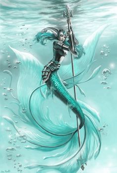 a painting of a mermaid holding a spear in the water with bubbles on it's surface