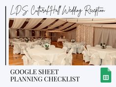 google sheet for wedding planning checklist with white linens and draping on the ceiling