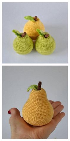 crocheted pears are shown in three different ways, one is yellow and the other is green