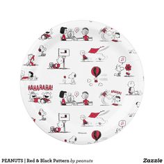 a white paper plate with red and black cartoon characters on it, all over the surface