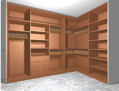 an empty walk in closet with lots of wooden shelves and drawers on the wall, next to a tiled floor