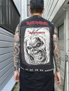 Please see the detailed photos for the overall condition and measurements. Model is 6’ tall and weighs approximately 195 lbs. No returns! Metal Vest, Black Metal Battle Jacket, Battle Vest Heavy Metal, Vintage Iron Maiden Shirt, Motley Crue Tank Top, Vintage Iron, Iron Maiden, Custom Clothes, Overalls