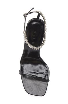 A slender block heel adds a sophisticated flourish to a crystal-embellished sandal designed with a squared-open toe. Synthetic upper, lining and sole Imported Strap Sandals Women, Designer Sandals, Sandal Women, Ankle Strap Sandals, Nordstrom Rack, Block Heels, Ankle Strap, Open Toe, Nordstrom