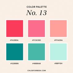 color palette no 13 with the names and colors for each one, including red, green,