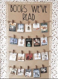 there is a bulletin board with books on it