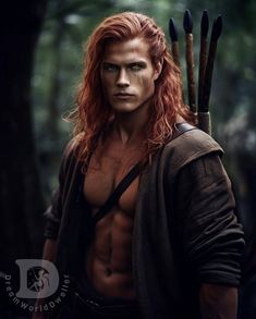 a man with long red hair holding two arrows in his hand and looking at the camera