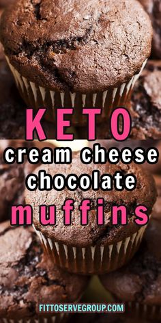 keto cream cheese chocolate muffins stacked on top of each other