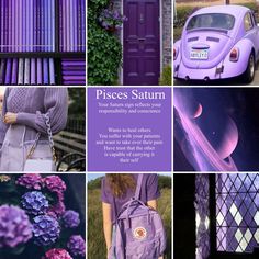 purples and lavenders are featured in this collage with the words pisces saturn