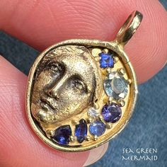 10k Moon Goddess Pendant. Diamond Blue Sapphires Topaz *Video* | eBay Celestial Sapphire Pendant Jewelry, Spiritual Sapphire Pendant Jewelry, Blue Spiritual Pendant Jewelry, Blue Mystical Pendant Jewelry, Mystical Blue Pendant Necklace, Goddess Pendant, Artisan Jewelry Necklaces, Green Mermaid, Pendant Diamond