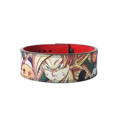 a red leather bracelet with an image of gohan and vegeta on it