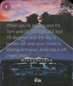 a car driving down a road with the sun setting in the background and text overlaying it