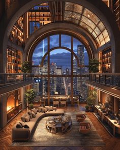 a living room filled with lots of furniture next to a large window covered in books