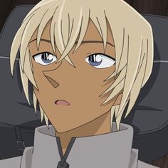 an anime character with blonde hair and blue eyes looking at something in front of him