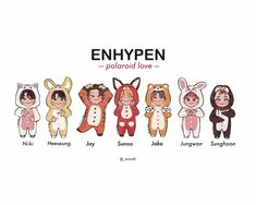 an image of children's cartoon characters in animal onesuits with the words enhypen polaroid love