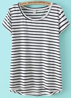 White Short Sleeve Striped Dip Hem T-Shirt , Perfect Outfits for You! Trendy Fashion Tops, Latest Street Fashion, Tees For Women, White Short, Striped Shorts, White T, Cool Shirts, Cool T Shirts, White Shorts