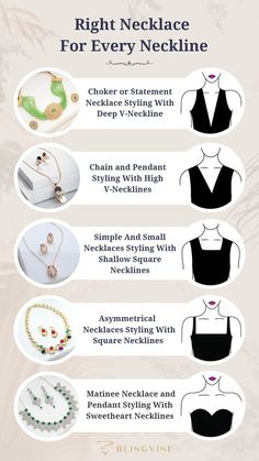 Get the right necklace for you as per your neckline. Necklace For Neckline Dresses, Right Necklace For Neckline, Necklines And Jewelry Necklace Guide, Best Necklace For Neckline, Jewellery For Different Necklines, Square Neck Necklace Guide, Jewelry Wearing Tips, Square Neck Accessories, Jewelry Pairing Ideas