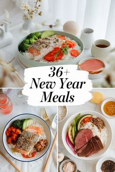 a collage of photos with the words, new year meals