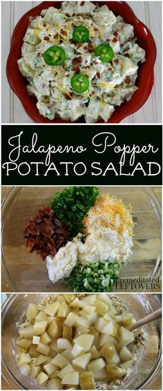 potato salad with cheese and green peppers in a red bowl