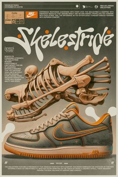 an advertisement for the nike air force with skeleton shoes on it's feet and bones