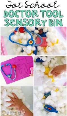 a collage of photos showing how to make a doctor's tool activity bin