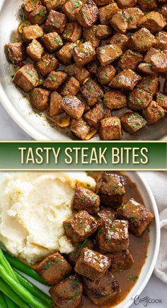 steak bites with mased potatoes and a brown sauce Meat And Mashed Potatoes, Meat With Mashed Potatoes, Steak Bites With Mashed Potatoes, Steak Bites With Potatoes, Steak Bites And Mashed Potatoes, Garlic Butter Steak Bites And Cheesy Mashed Potatoes, Butter Steak Bites And Potatoes, Garlic Butter Steak Bites With Mashed Potatoes, Steak Mashed Potatoes Broccoli