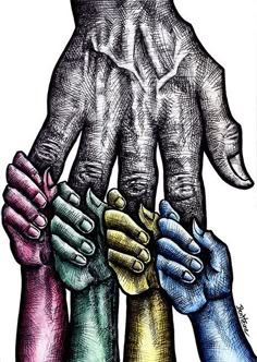 several hands holding each other in the middle of their fingers, with different colors on them