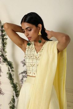 Lemon Yellow Draped Saree with Stitched Blouse Set of 2 - Trendroots Yellow Tops With Resham Embroidery For Diwali, Yellow Chikankari Embroidered Festive Top, Festive Yellow Top With Chikankari Embroidery, Yellow Tops For Festive Designer Wear, Festive Bollywood Yellow Top, Yellow Blouse With Resham Embroidery In Traditional Drape, Yellow Blouse With Resham Embroidery And Traditional Drape, Yellow Blouse With Traditional Drape For Diwali, Yellow Traditional Drape Blouse For Diwali