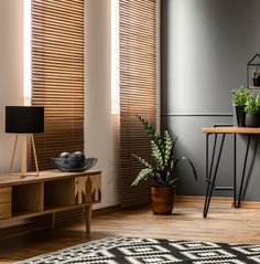 a living room with wooden blinds and plants on the table in front of the window