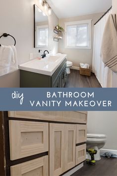 bathroom vanity makeover before and after with text overlay that reads diy bathroom vanity makeover