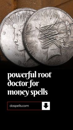 two silver coins with the words powerful root doctor for money spells