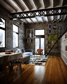 a living room filled with furniture and lots of windows