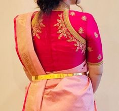 High Neck Maggam Work Blouse Designs, Mission Work Blouse Designs, Kanti Designs, Koti Blouse, Gold Blouse Designs, Pink Saree Blouse, Work Blouse Designs