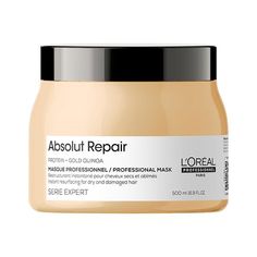 Absolut Repair mask is specially designed to deeply repair very damaged hair. Its ceramide and lipid formula nourishes and restructures hair's fiber, while leaving hair incredibly silky. Features Revitalizes, invigorates, restores and detangles hair Facilitates styling Adds maximum shine and suppleness Tranforms hair fiber from the inside Strengthens hair, allowing them to find their natural vitality How to use After shampooing, apply on towel-dried hair Leave-in for 3-5 minutes Rinse Mascara Loreal, Hair Rat, Loreal Mascara, Teasing Comb, Quinoa Protein, Repair Mask, Gold Mask, Deep Conditioning, Hair Repair